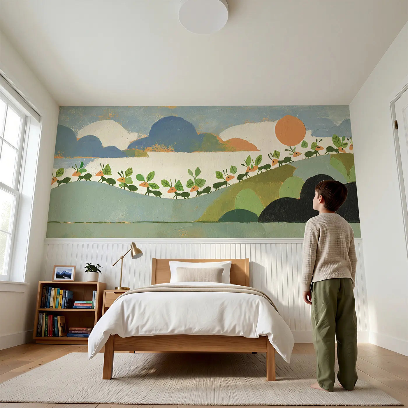 Child reading near Bold Ant Hill Colony Wainscoting Wallpaper by Whimsy Tots