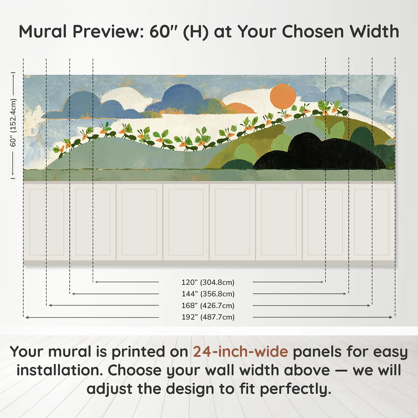 Panel dimensions for Bold Ant Hill Colony Wainscoting Wallpaper by Whimsy Tots