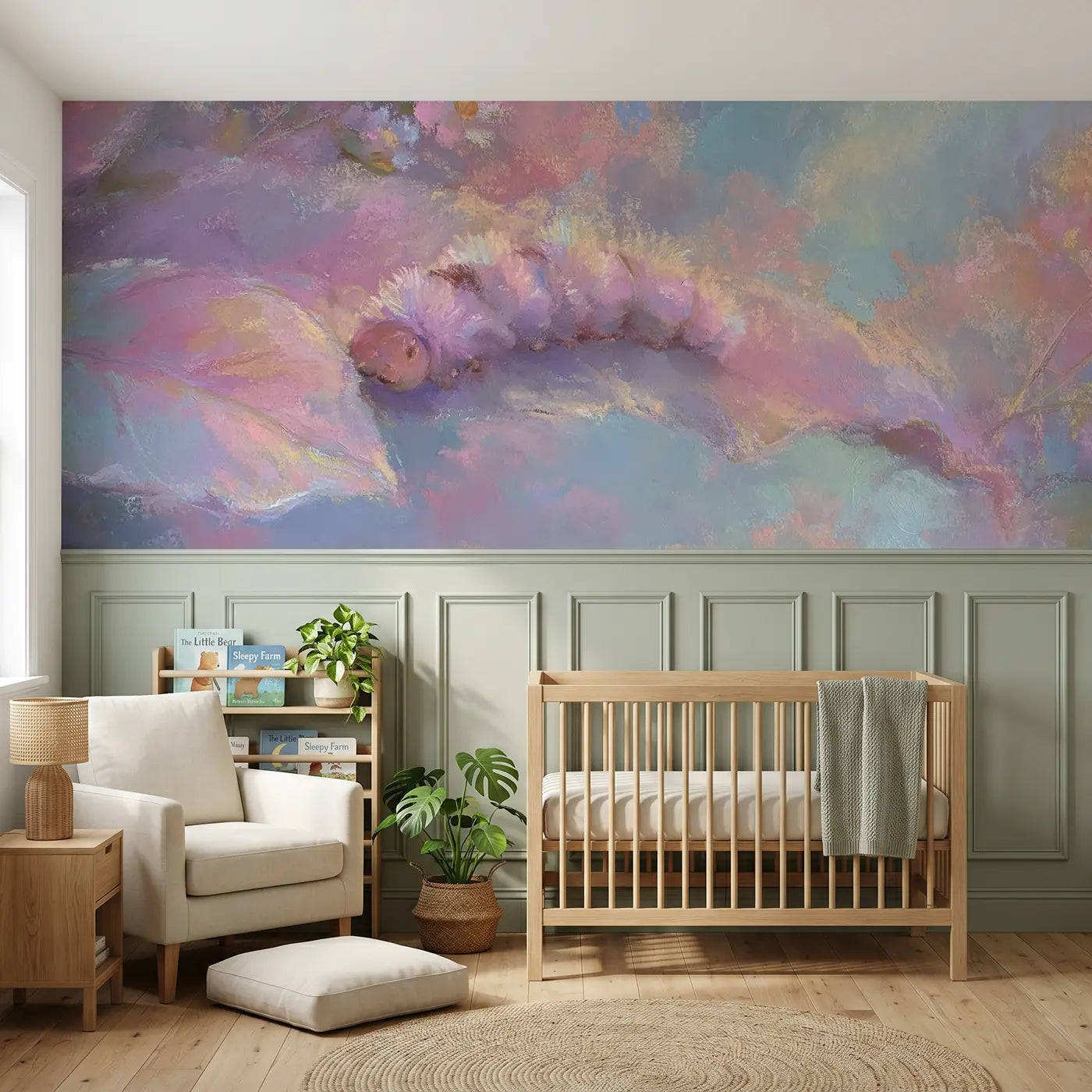 Soft Pastel caterpillar leaf nibble wainscoting wallpaper for nursery by Whimsy Tots.