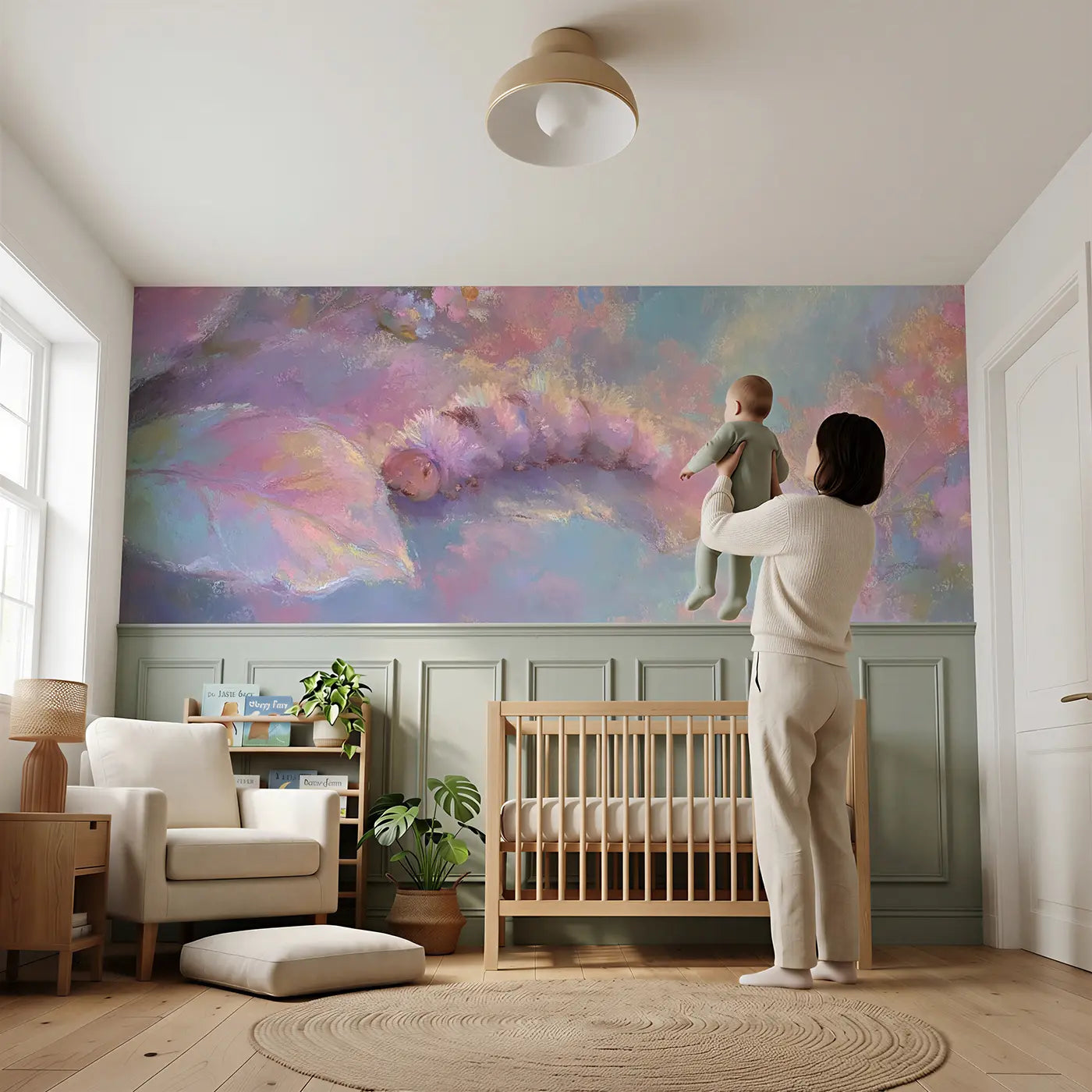 Child reading near Chalk Caterpillar Leaf Nibble Wainscoting Wallpaper by Whimsy Tots