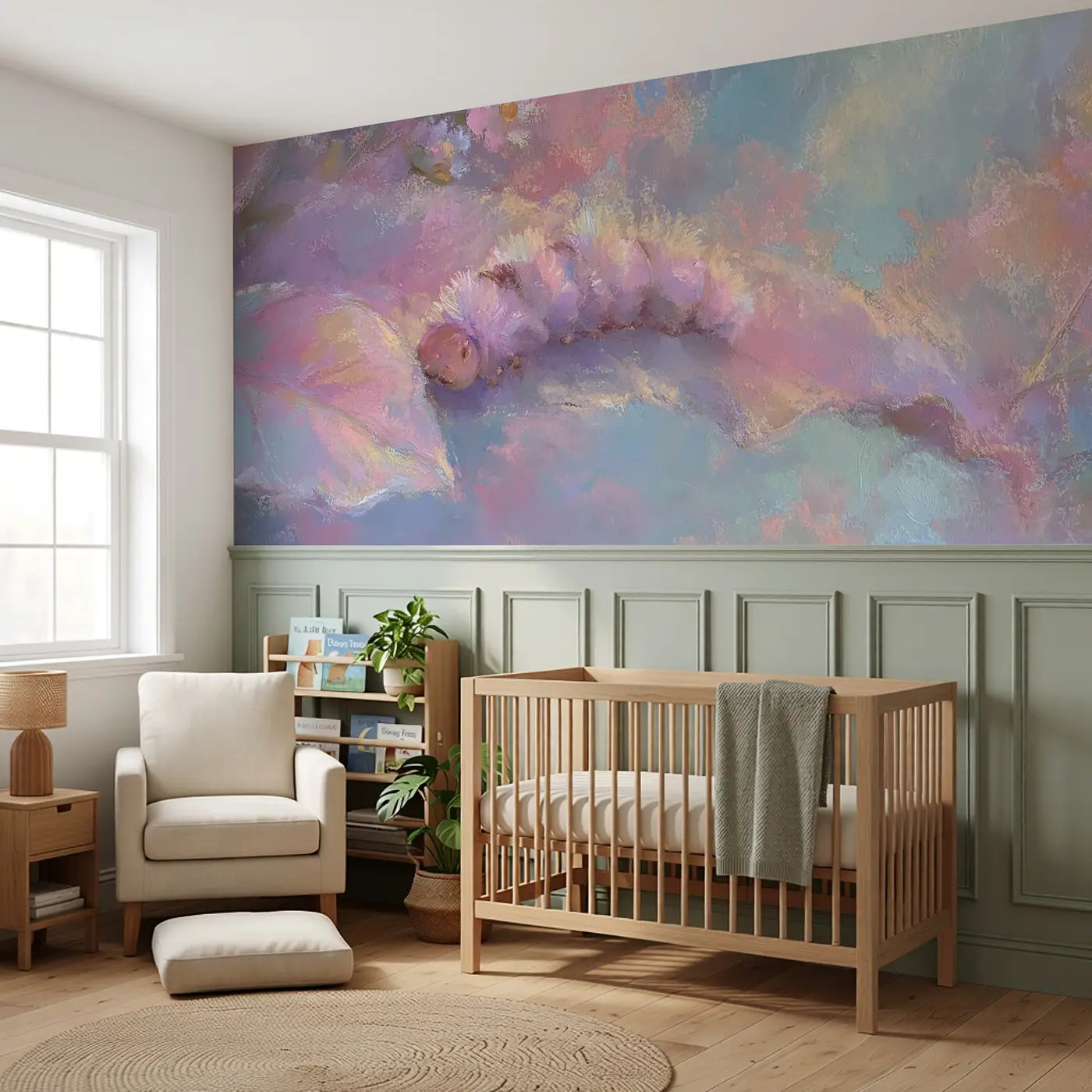 Chalk Caterpillar Leaf Nibble Wainscoting Wallpaper styled in a kids bedroom by Whimsy Tots