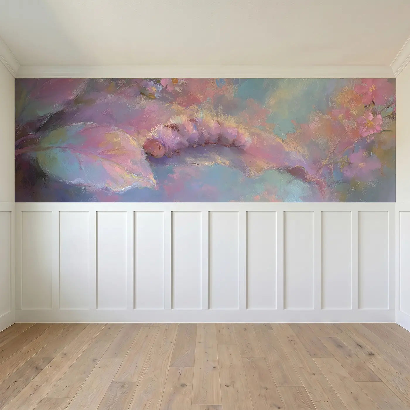 Full panel view of Chalk Caterpillar Leaf Nibble Wainscoting Wallpaper by Whimsy Tots