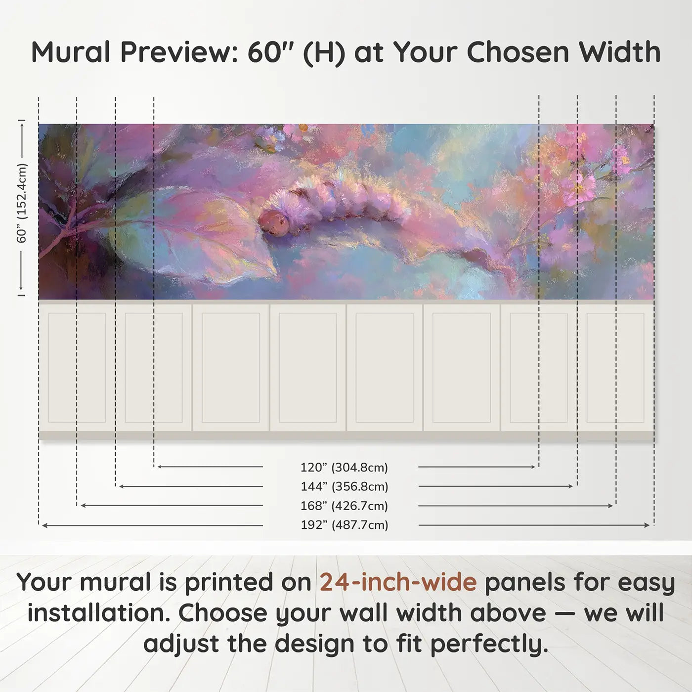 Panel dimensions for Chalk Caterpillar Leaf Nibble Wainscoting Wallpaper by Whimsy Tots