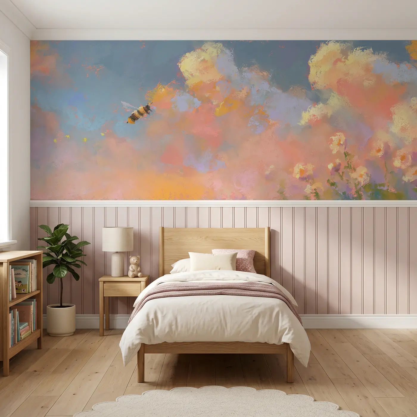 Soft Pastel bee honey jar wainscoting wallpaper for nursery by Whimsy Tots.