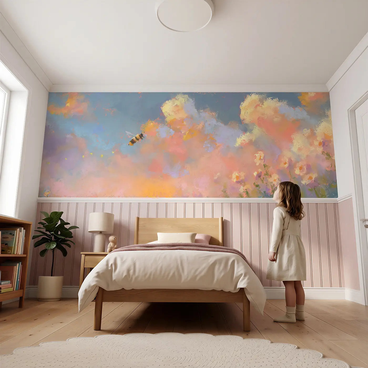 Child reading near Pastel Bee Honey Jar Wainscoting Wallpaper by Whimsy Tots