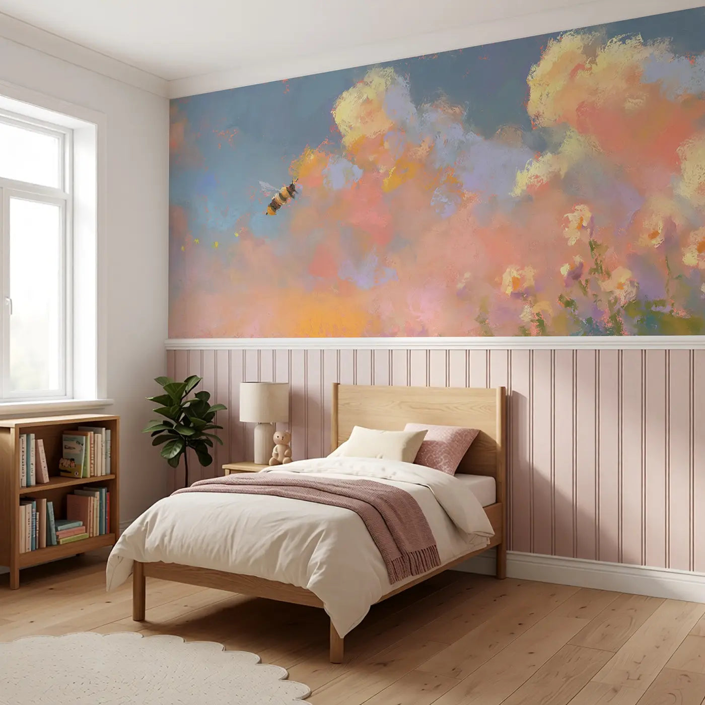 Pastel Bee Honey Jar Wainscoting Wallpaper styled in a kids bedroom by Whimsy Tots