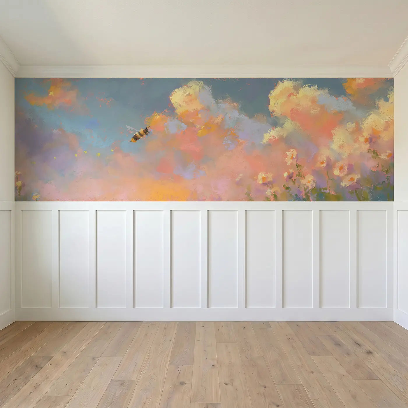 Full panel view of Pastel Bee Honey Jar Wainscoting Wallpaper by Whimsy Tots