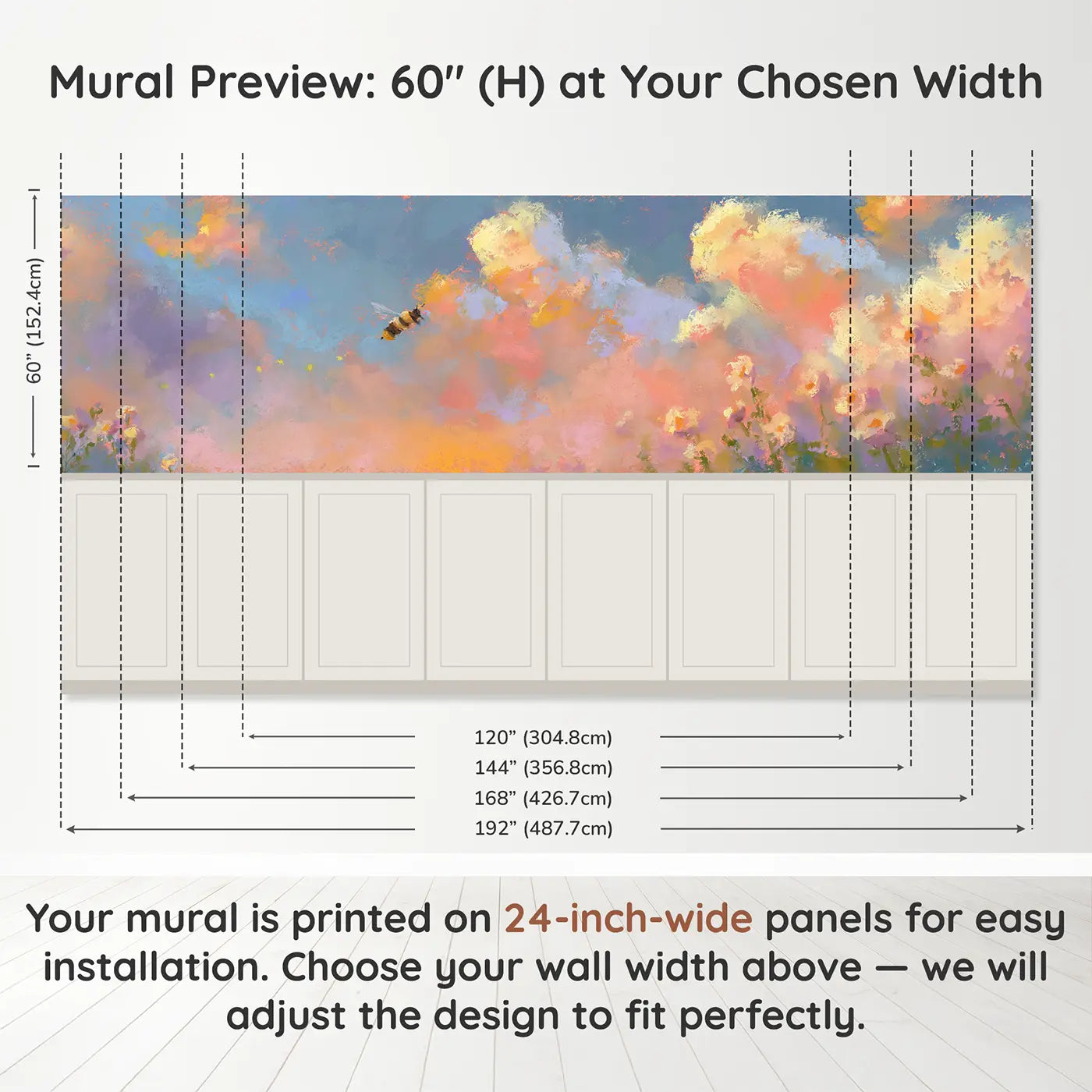 Panel dimensions for Pastel Bee Honey Jar Wainscoting Wallpaper by Whimsy Tots