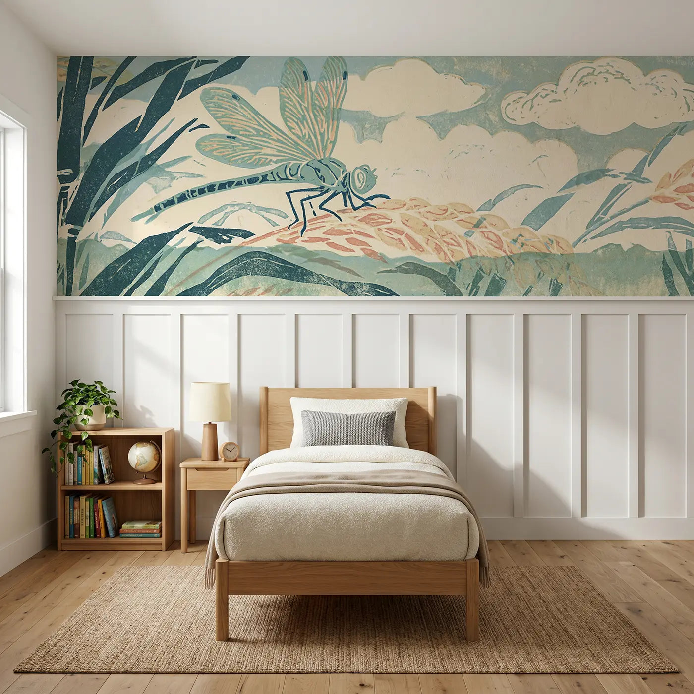Block Print dragonfly reed band wainscoting wallpaper for bedroom by Whimsy Tots.