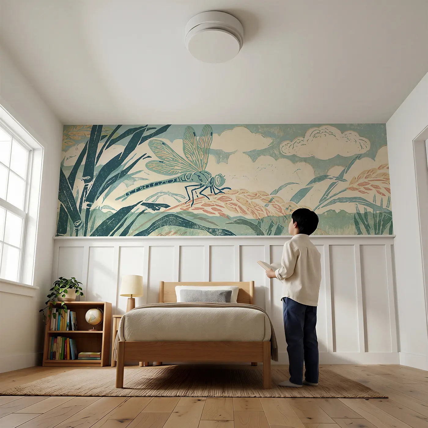 Child reading near Carved Dragonfly Reed Band Wainscoting Wallpaper by Whimsy Tots