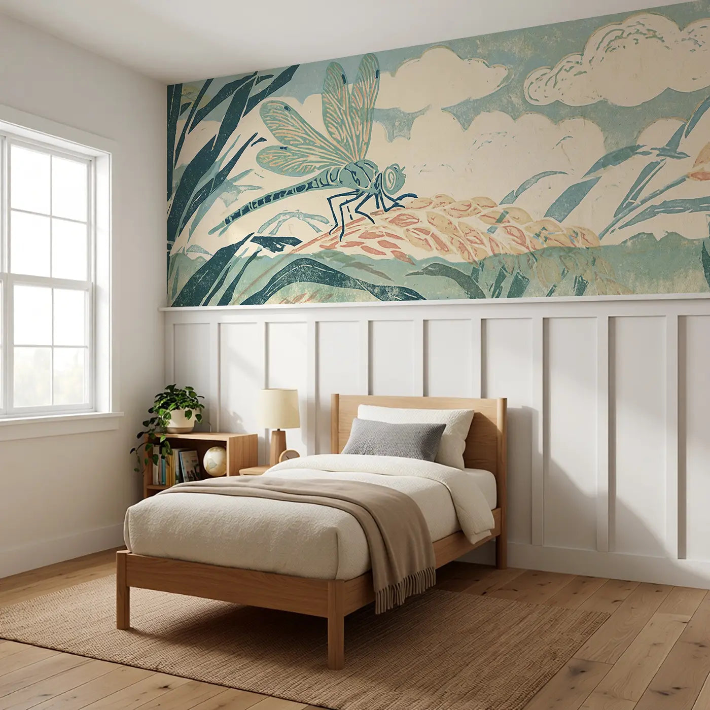 Carved Dragonfly Reed Band Wainscoting Wallpaper styled in a kids bedroom by Whimsy Tots