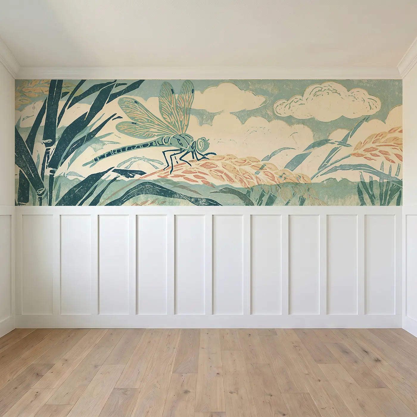 Full panel view of Carved Dragonfly Reed Band Wainscoting Wallpaper by Whimsy Tots