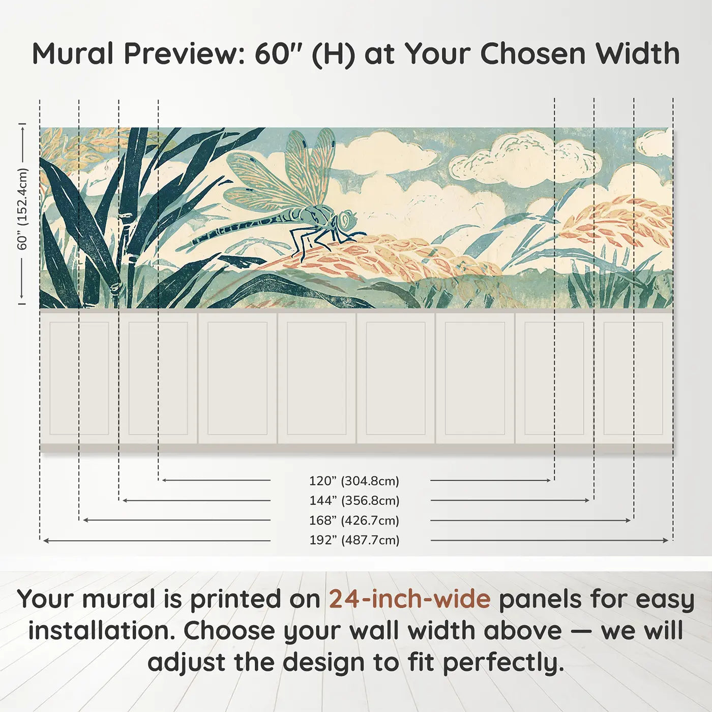 Panel dimensions for Carved Dragonfly Reed Band Wainscoting Wallpaper by Whimsy Tots