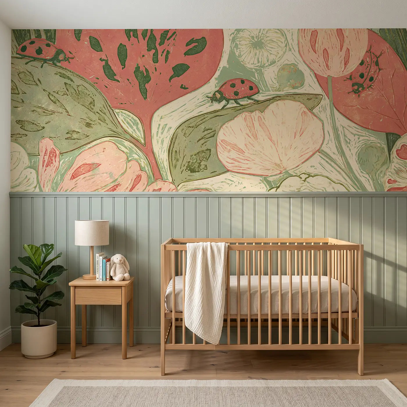 Block Print ladybug garden wainscoting wallpaper for nursery by Whimsy Tots.
