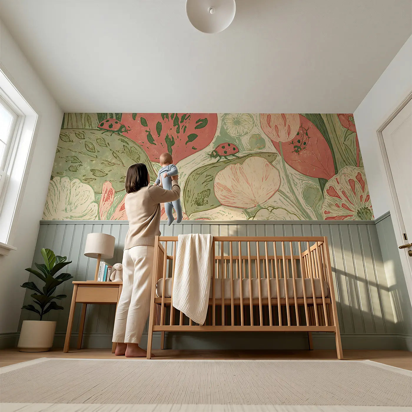 Child reading near Block Print Ladybug Garden Wainscoting Wallpaper by Whimsy Tots