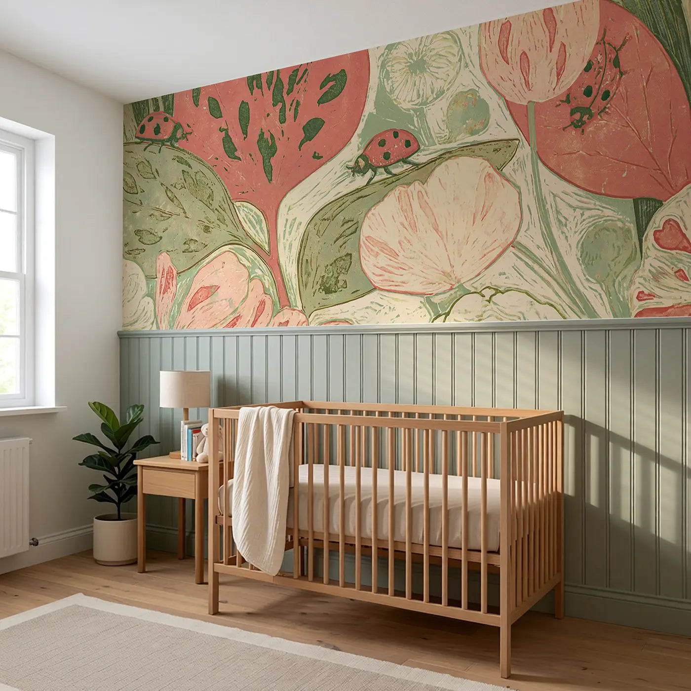 Block Print Ladybug Garden Wainscoting Wallpaper styled in a kids bedroom by Whimsy Tots