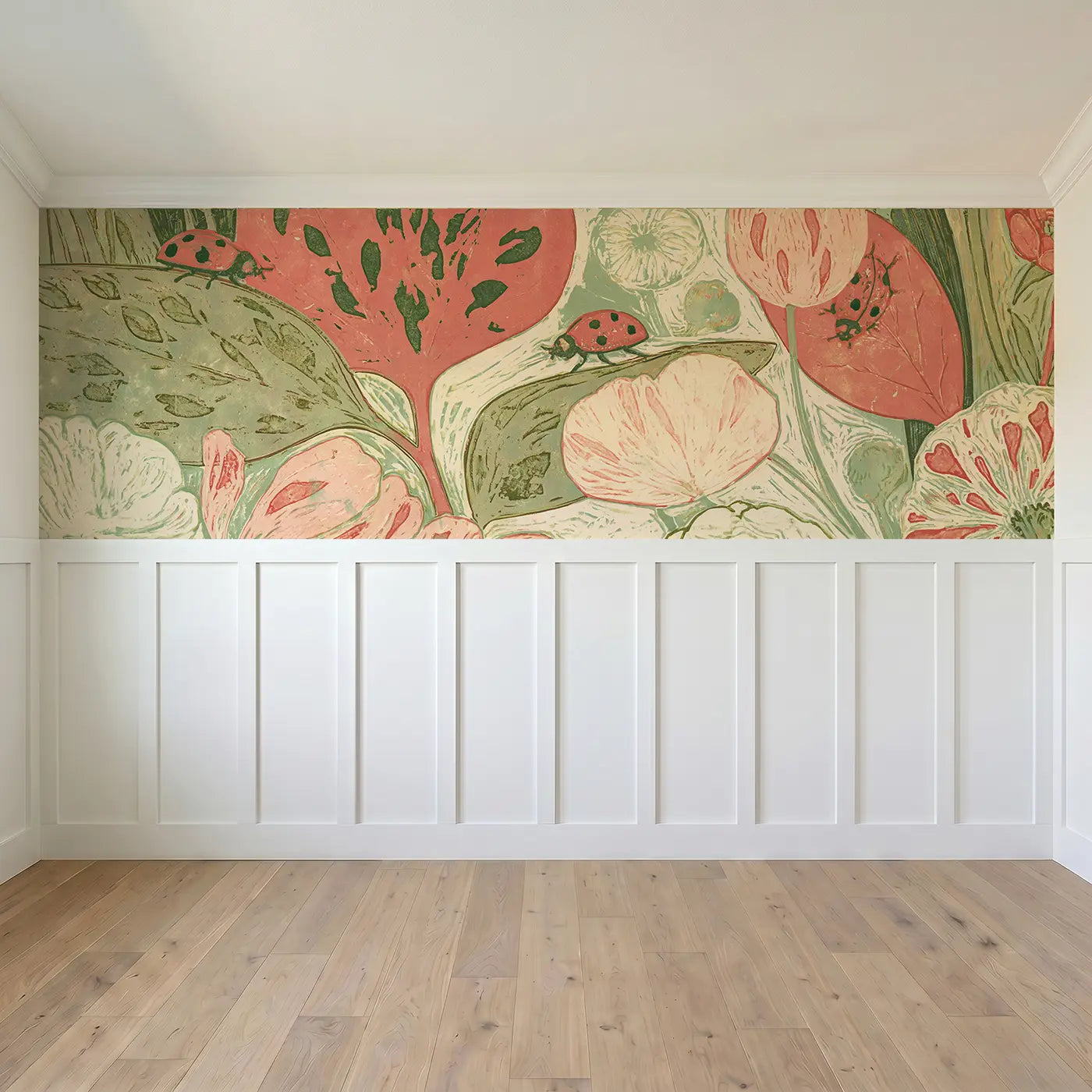 Full panel view of Block Print Ladybug Garden Wainscoting Wallpaper by Whimsy Tots