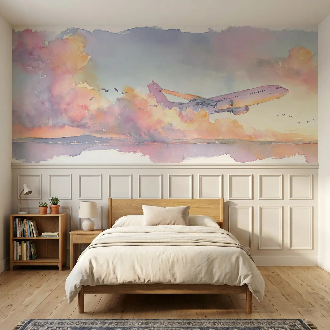 Watercolor jet plane sunrise wing view wainscoting wallpaper for bedroom by Whimsy Tots.