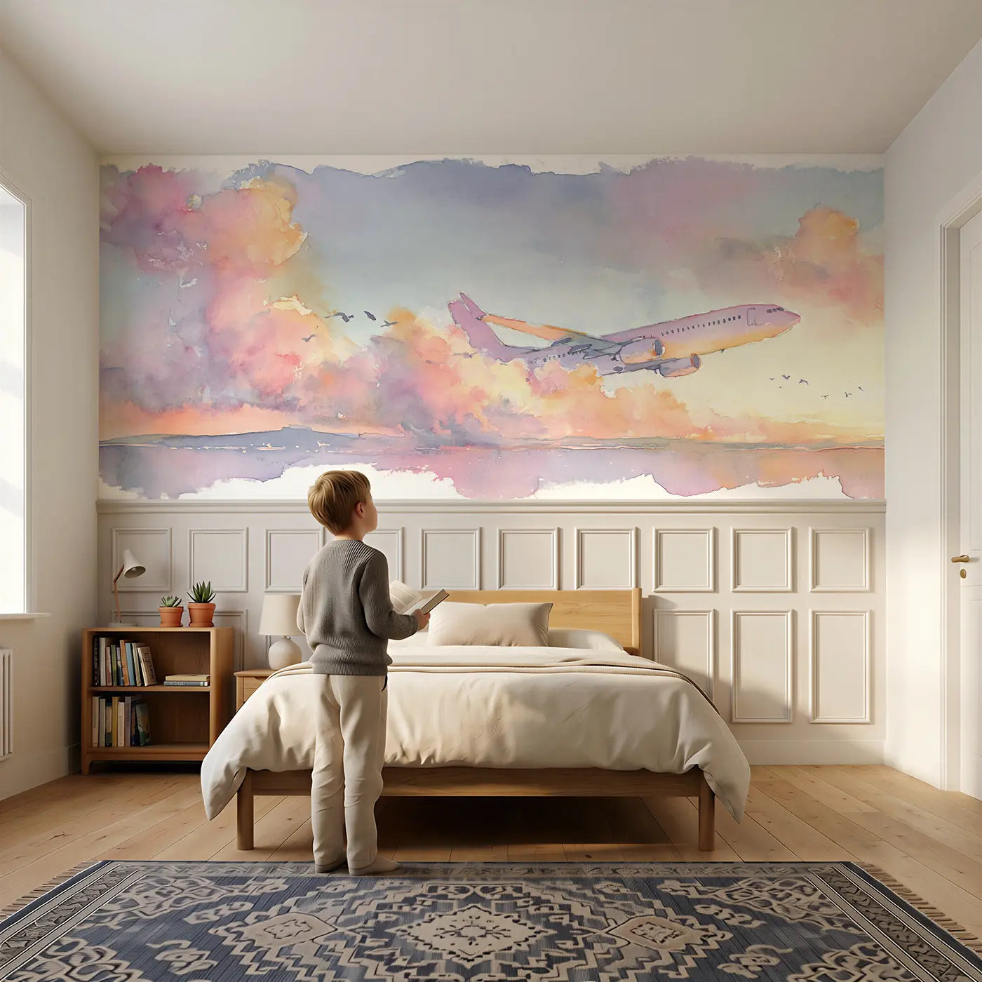 Child reading near Jet Plane Sunrise Wing View Wainscoting Wallpaper by Whimsy Tots