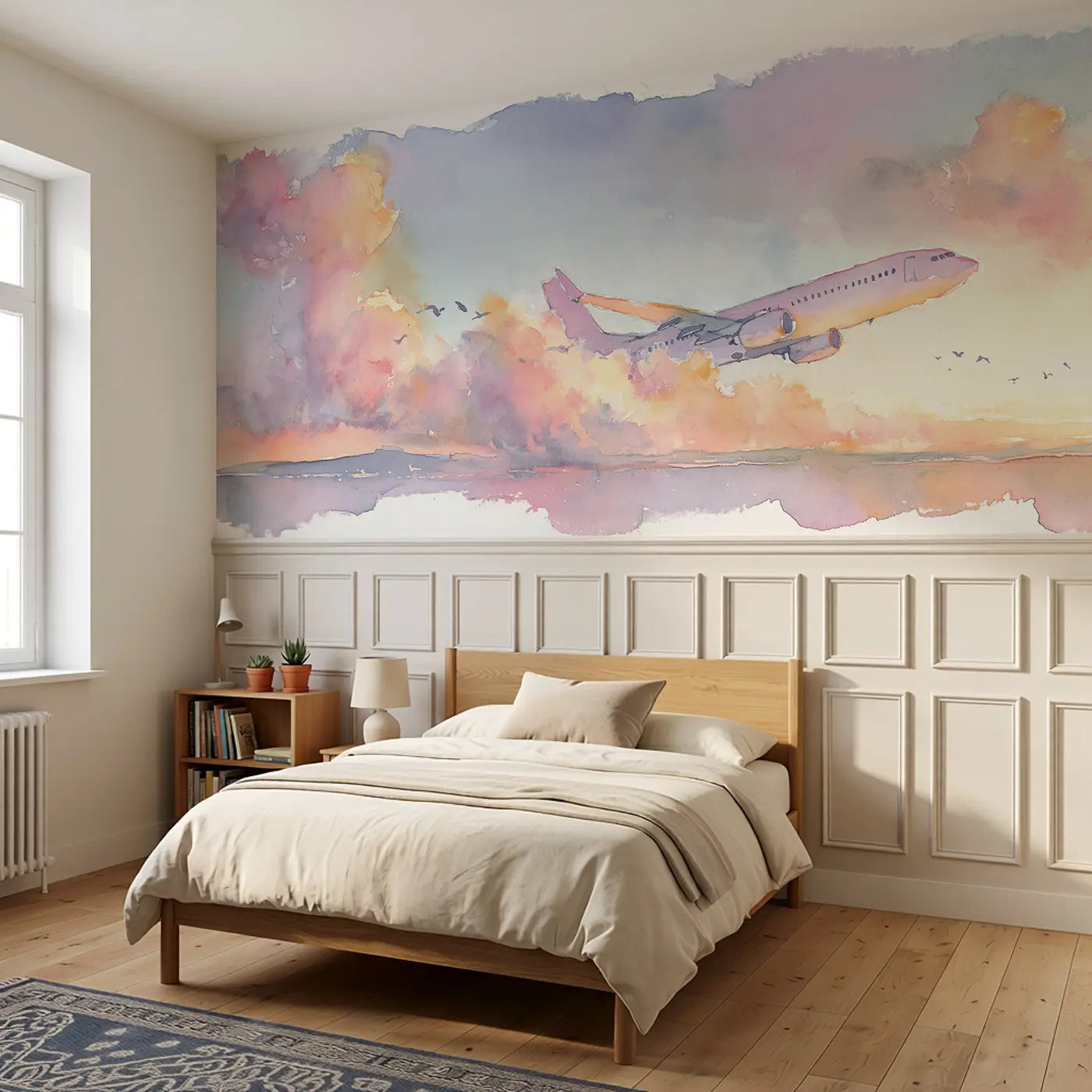 Jet Plane Sunrise Wing View Wainscoting Wallpaper styled in a kids bedroom by Whimsy Tots