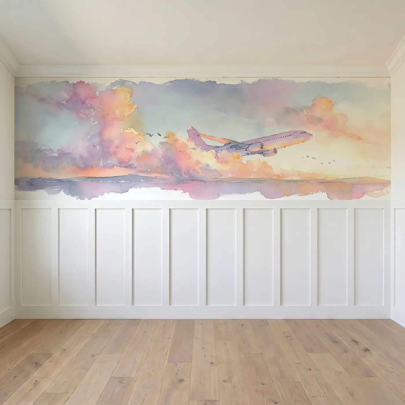Full panel view of Jet Plane Sunrise Wing View Wainscoting Wallpaper by Whimsy Tots