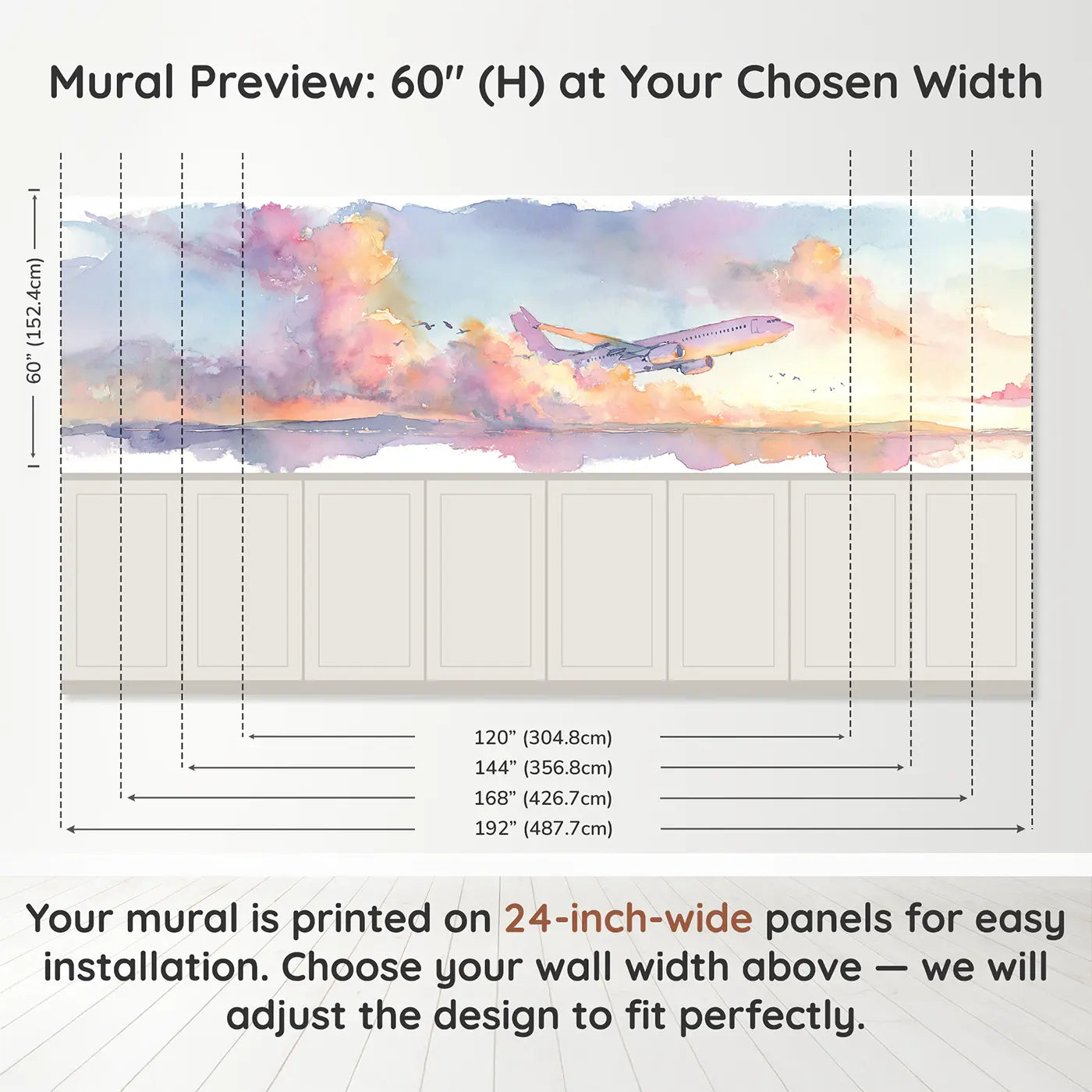Panel dimensions for Jet Plane Sunrise Wing View Wainscoting Wallpaper by Whimsy Tots