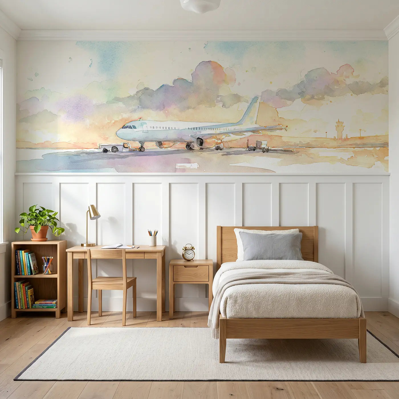 Watercolor airport runway morning takeoff wainscoting wallpaper for bedroom by Whimsy Tots.