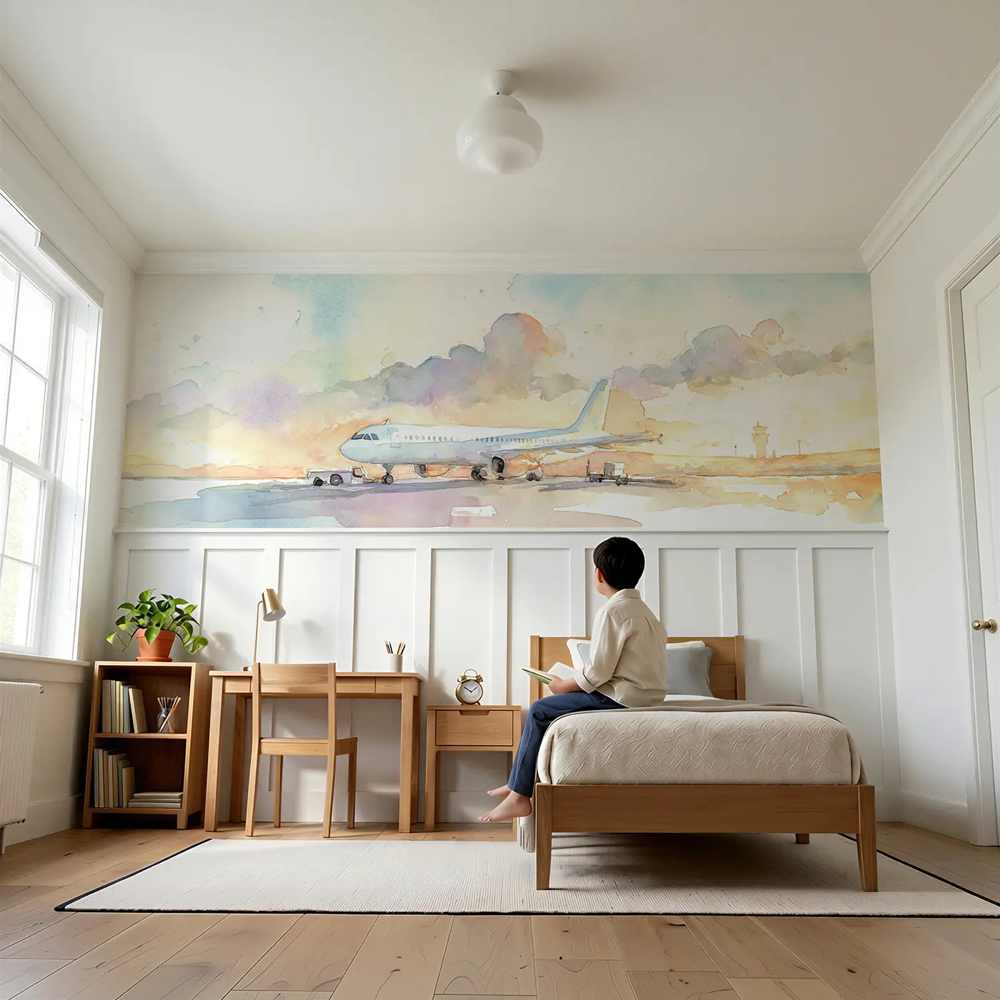 Child reading near Airport Runway Morning Takeoff Wainscoting Wallpaper by Whimsy Tots