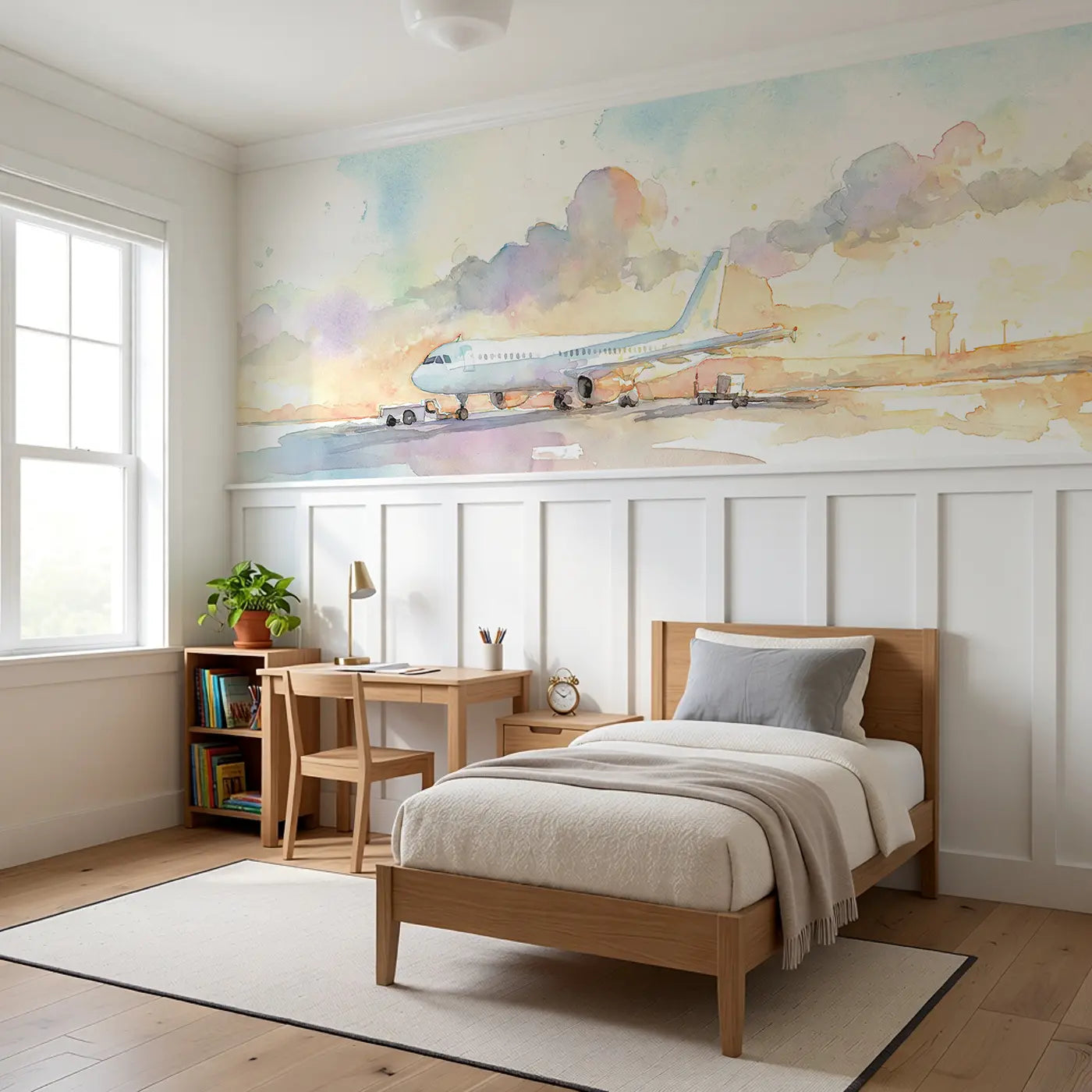 Airport Runway Morning Takeoff Wainscoting Wallpaper styled in a kids bedroom by Whimsy Tots