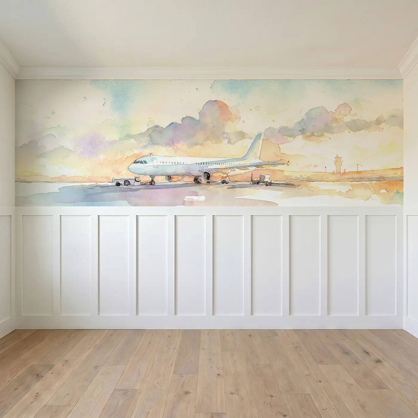 Full panel view of Airport Runway Morning Takeoff Wainscoting Wallpaper by Whimsy Tots
