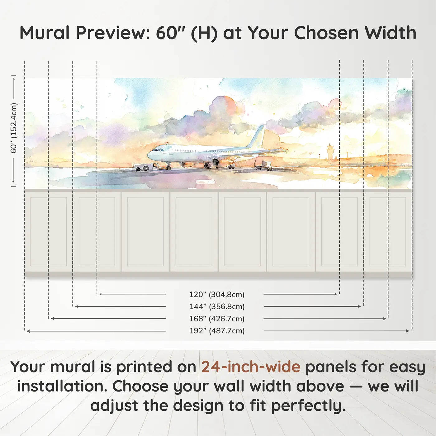 Panel dimensions for Airport Runway Morning Takeoff Wainscoting Wallpaper by Whimsy Tots