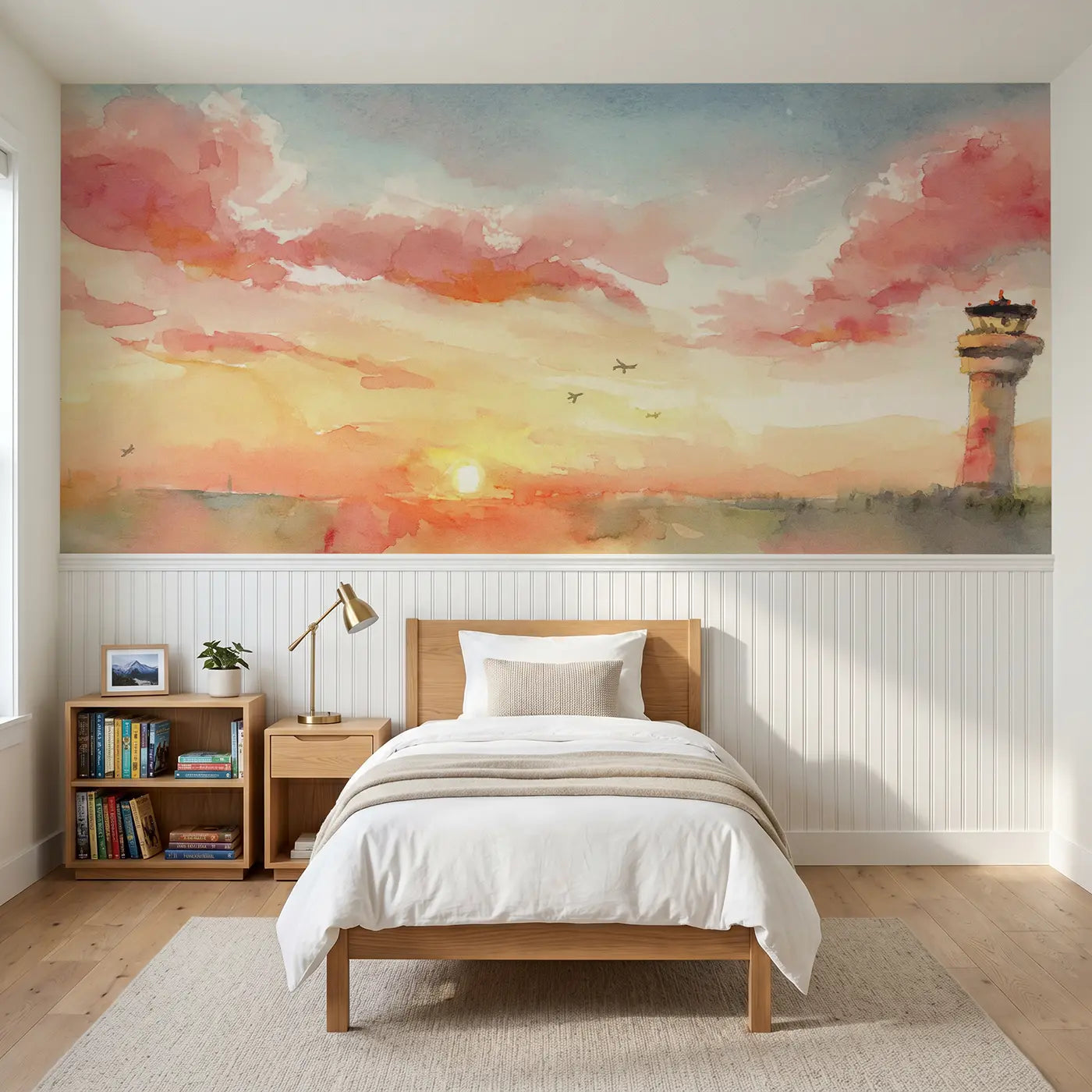Watercolor control tower sunset view wainscoting wallpaper for bedroom by Whimsy Tots.