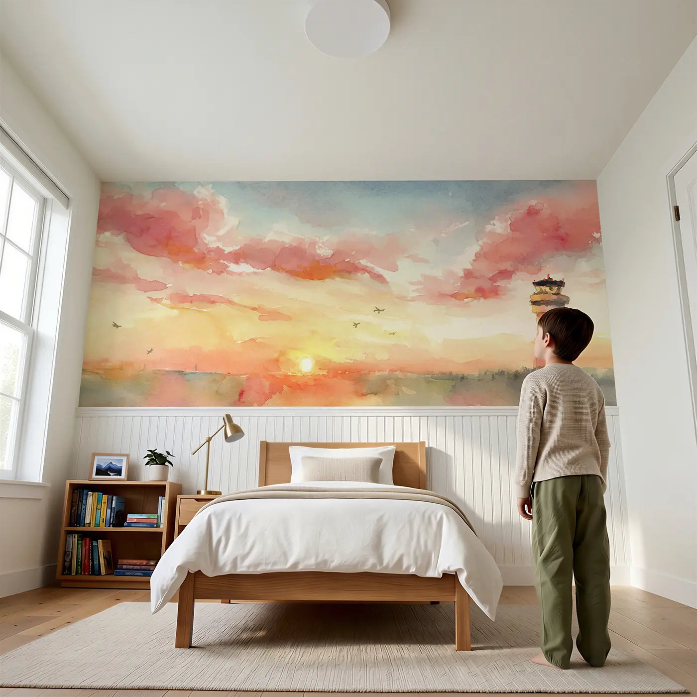Child reading near Control Tower Sunset View Wainscoting Wallpaper by Whimsy Tots