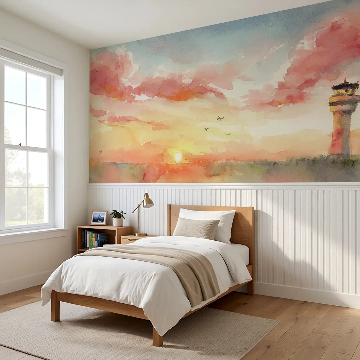 Control Tower Sunset View Wainscoting Wallpaper styled in a kids bedroom by Whimsy Tots