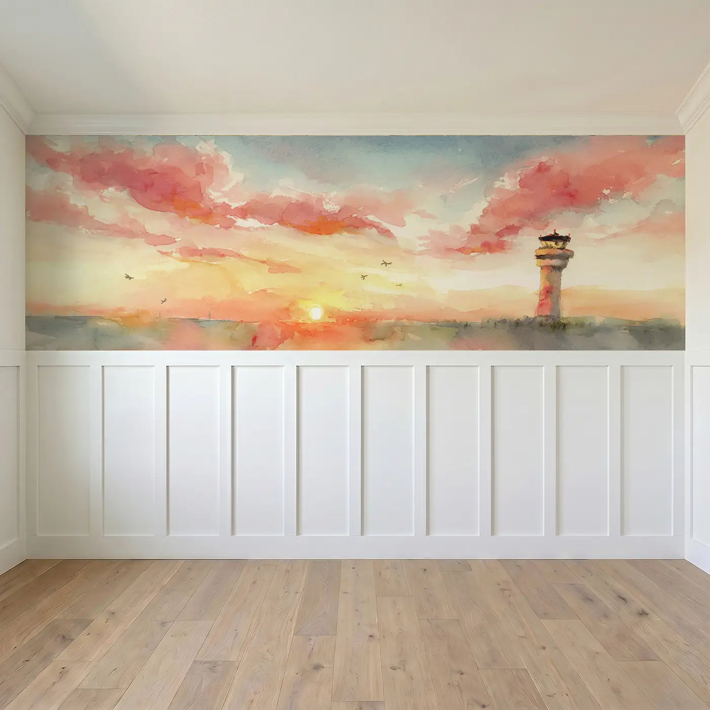 Full panel view of Control Tower Sunset View Wainscoting Wallpaper by Whimsy Tots
