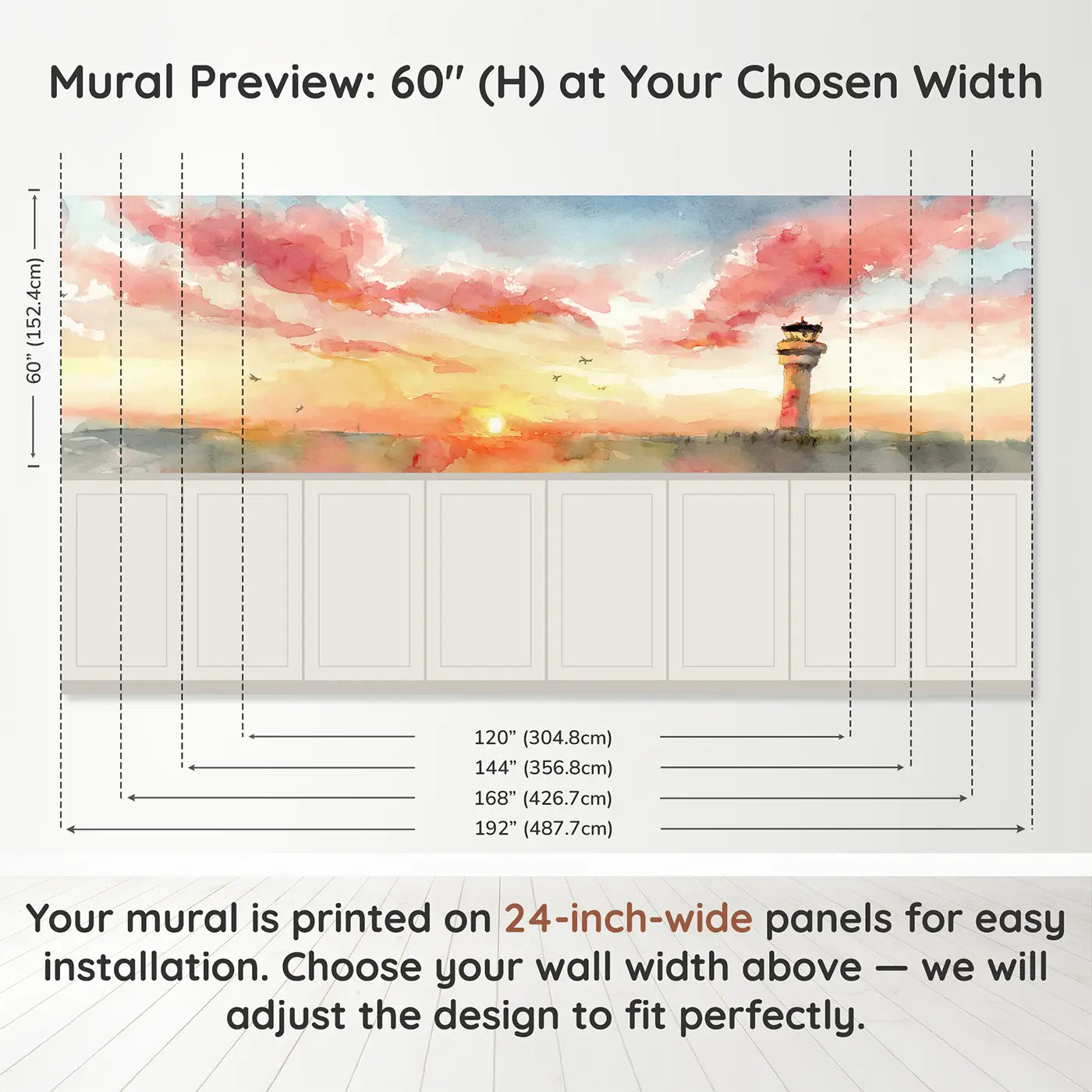 Panel dimensions for Control Tower Sunset View Wainscoting Wallpaper by Whimsy Tots