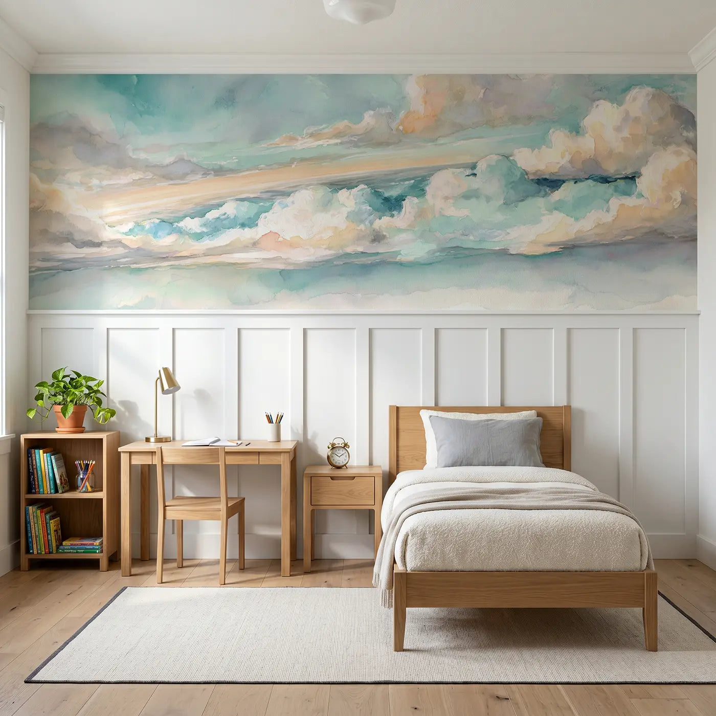 Watercolor window seat cloud view wainscoting wallpaper for bedroom by Whimsy Tots.