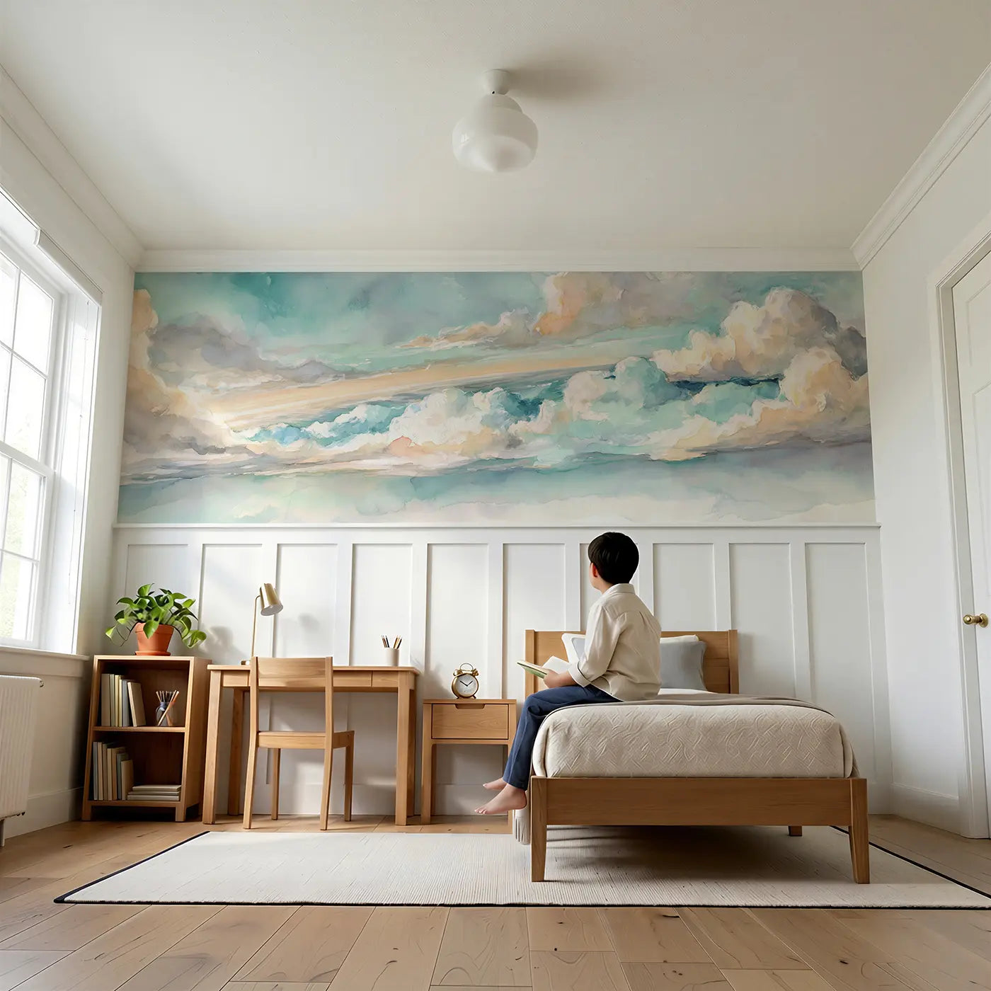 Child reading near Window Seat Cloud View Wainscoting Wallpaper by Whimsy Tots