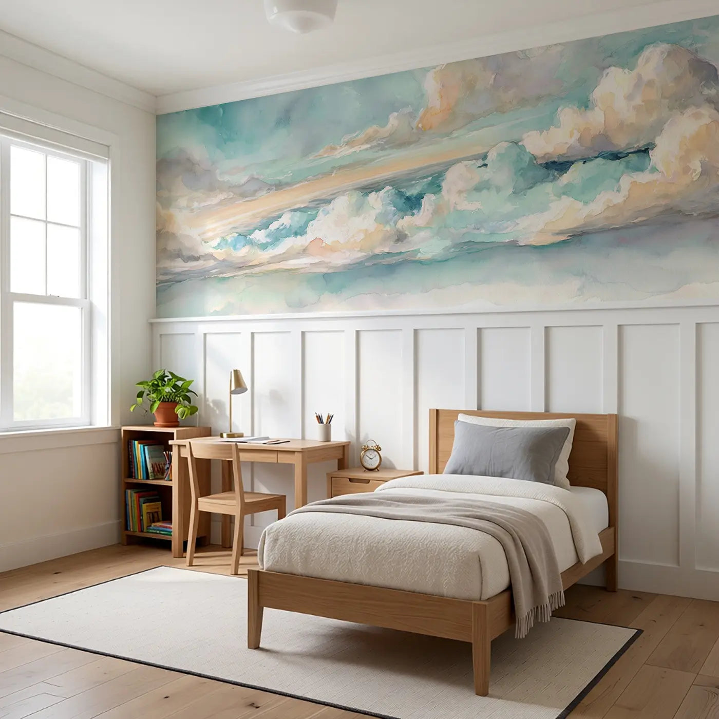 Window Seat Cloud View Wainscoting Wallpaper styled in a kids bedroom by Whimsy Tots