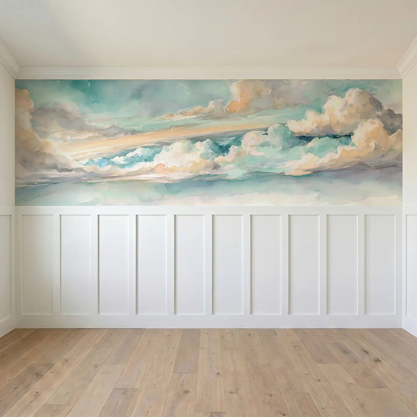 Full panel view of Window Seat Cloud View Wainscoting Wallpaper by Whimsy Tots