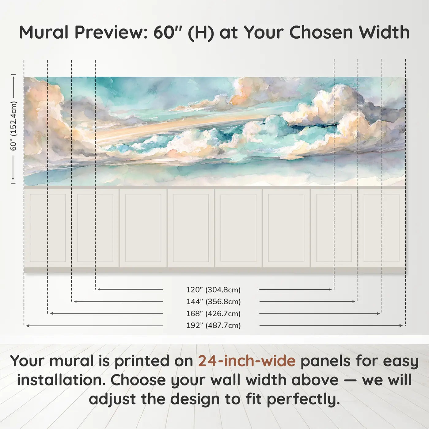 Panel dimensions for Window Seat Cloud View Wainscoting Wallpaper by Whimsy Tots