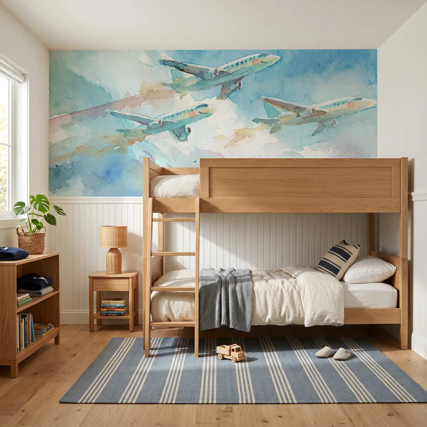 Watercolor jet formation sky parade wainscoting wallpaper for bedroom by Whimsy Tots.