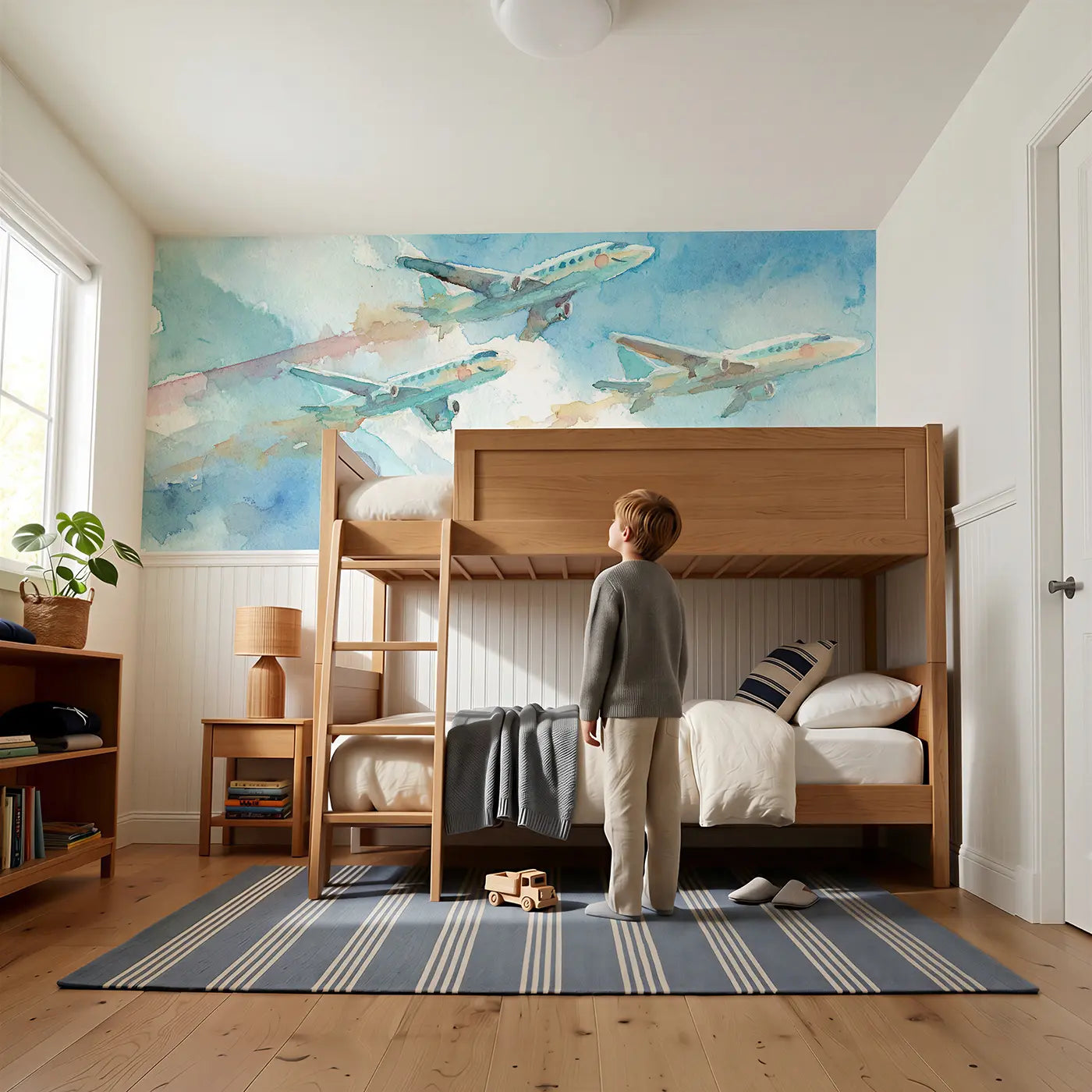 Child reading near Jet Formation Sky Parade Wainscoting Wallpaper by Whimsy Tots