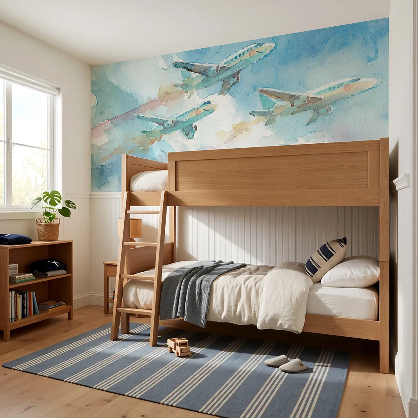 Jet Formation Sky Parade Wainscoting Wallpaper styled in a kids bedroom by Whimsy Tots