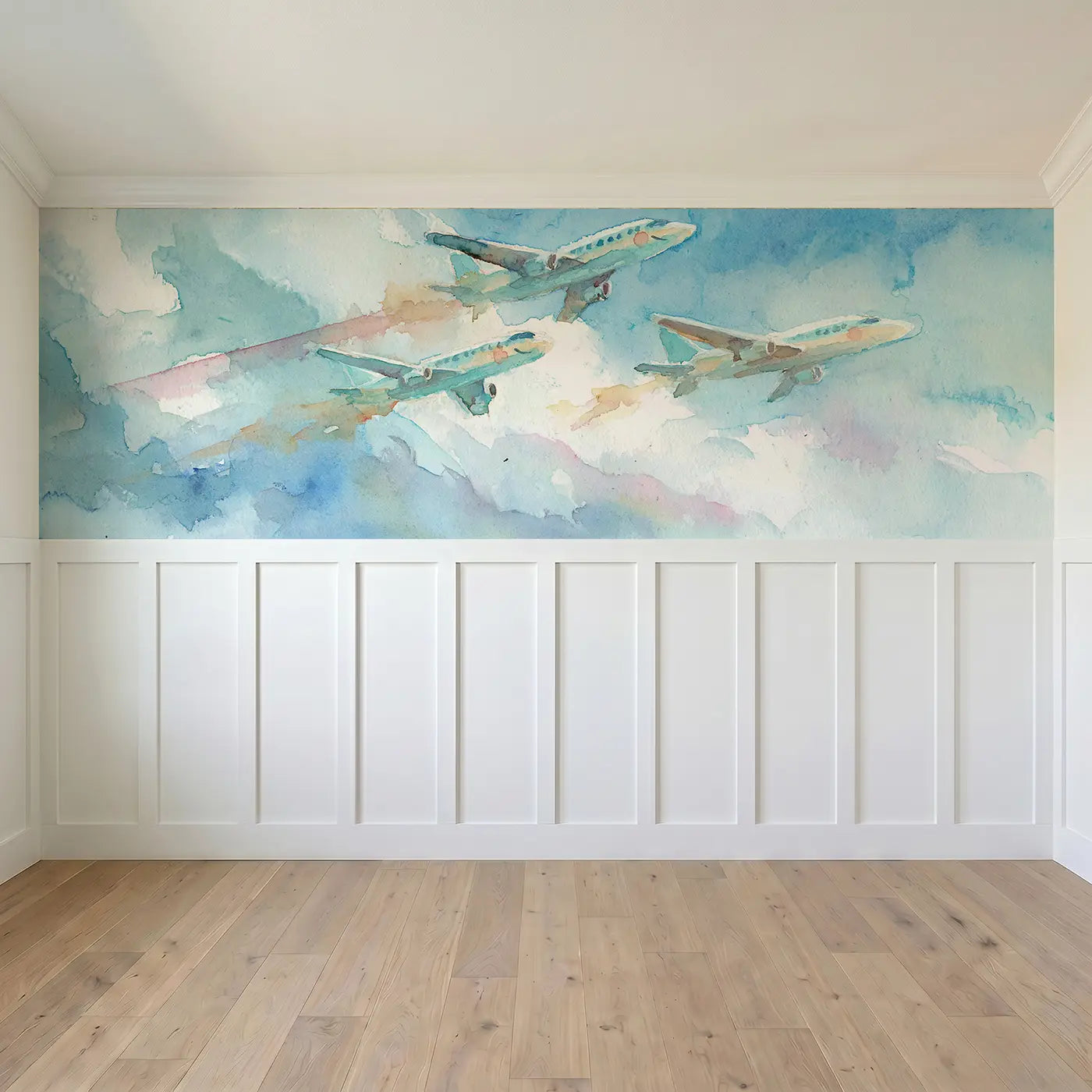 Full panel view of Jet Formation Sky Parade Wainscoting Wallpaper by Whimsy Tots