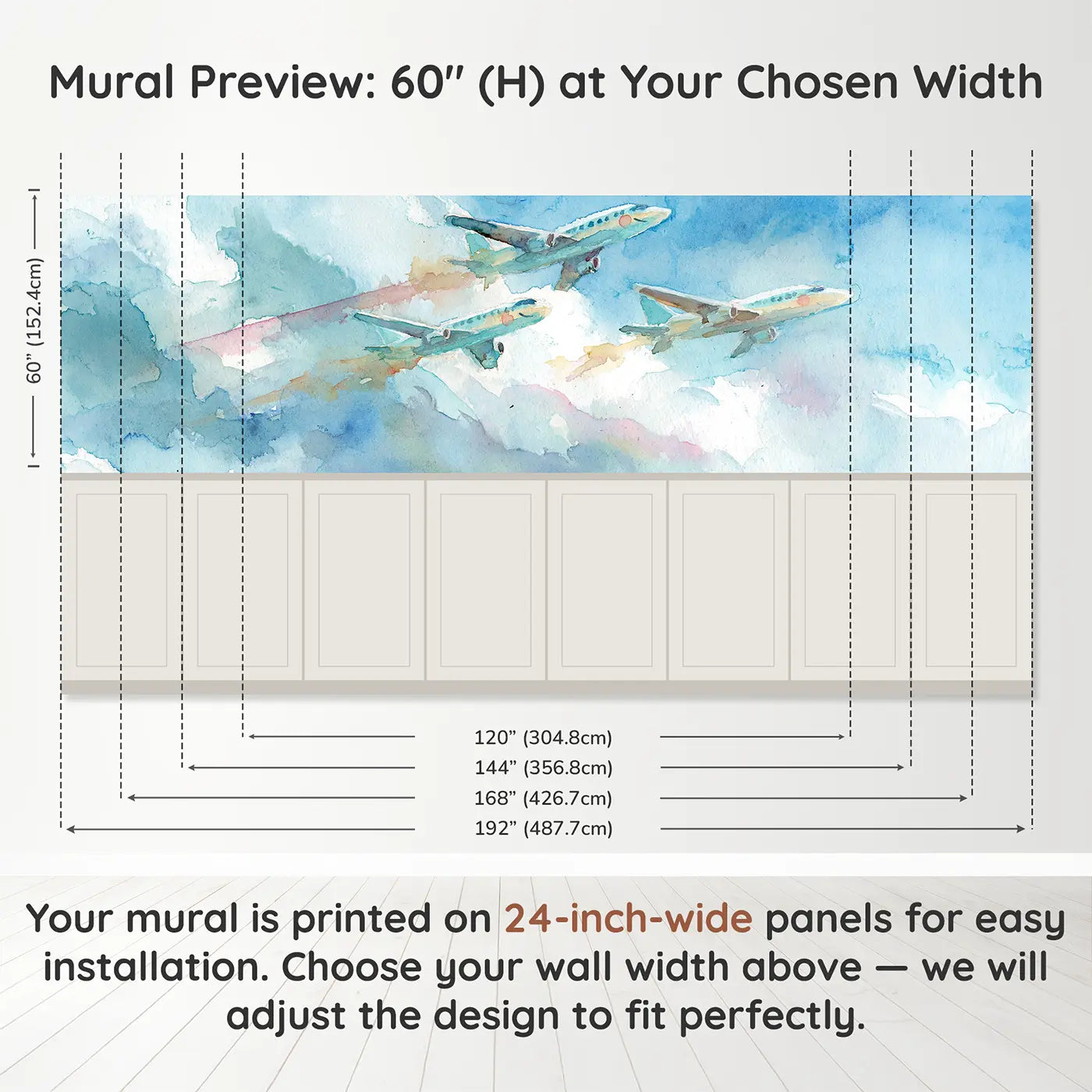 Panel dimensions for Jet Formation Sky Parade Wainscoting Wallpaper by Whimsy Tots