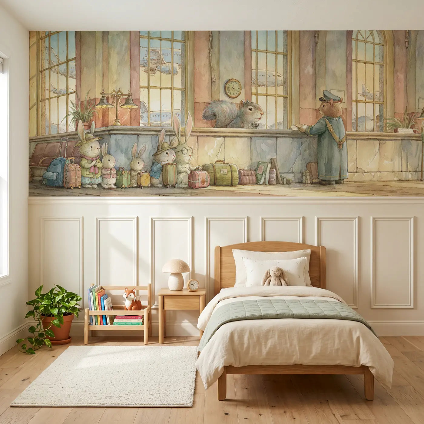 Storybook airport gate bunny family wainscoting wallpaper for bedroom by Whimsy Tots.