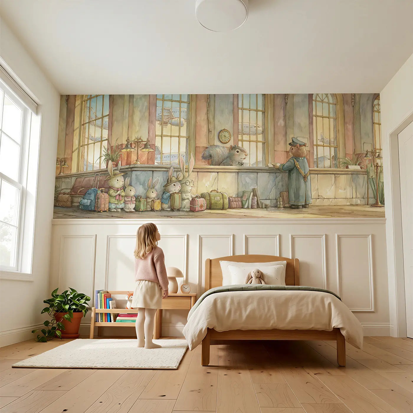 Child reading near Airport Gate Bunny Family Wainscoting Wallpaper by Whimsy Tots