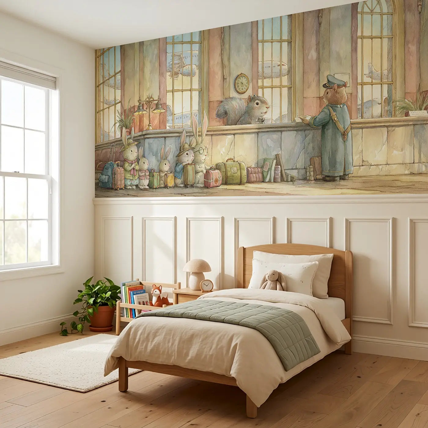 Airport Gate Bunny Family Wainscoting Wallpaper styled in a kids bedroom by Whimsy Tots