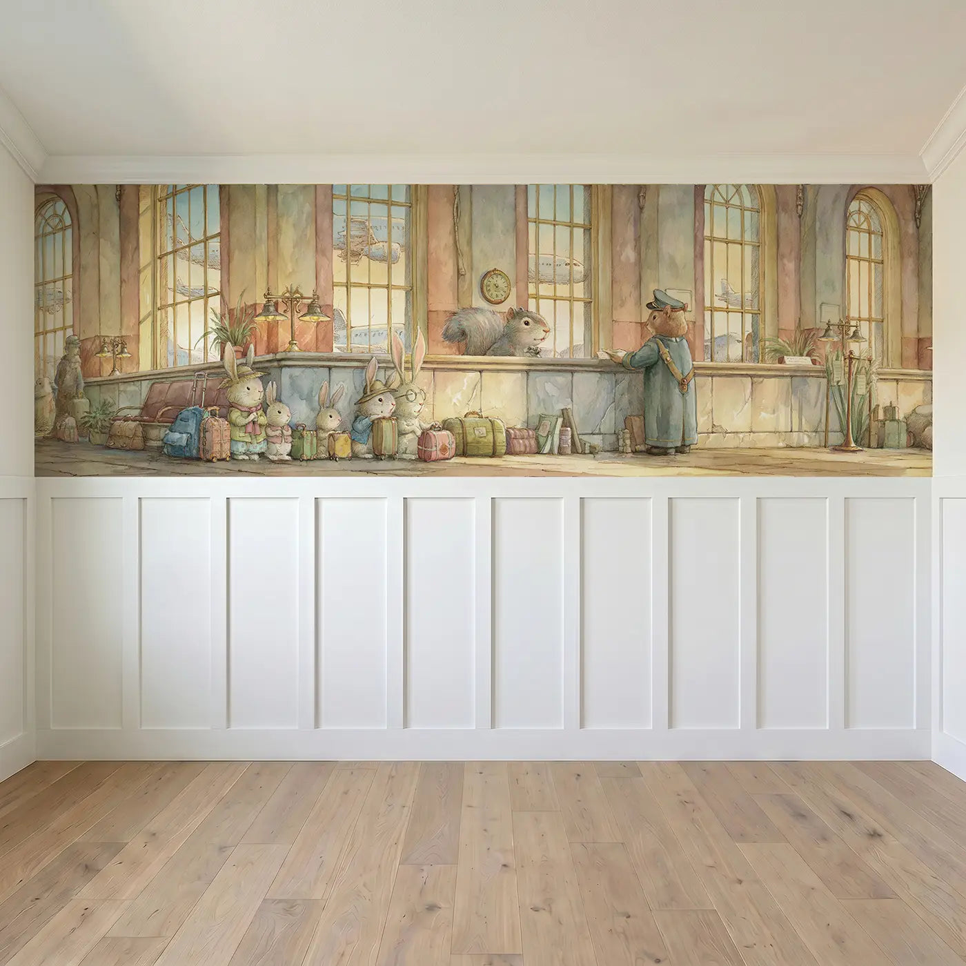 Full panel view of Airport Gate Bunny Family Wainscoting Wallpaper by Whimsy Tots